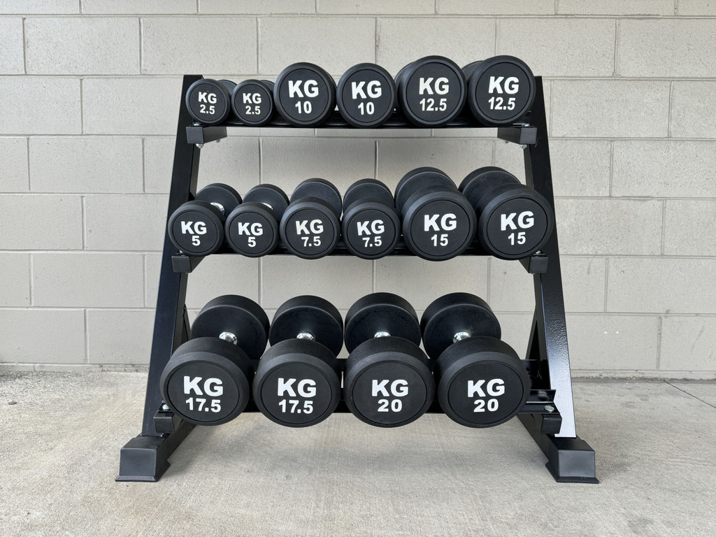 180KG Round Black Rubber Dumbbells+3-Tire Rack (EZ037C180KG-047) Thick Handle 33mm 8 Pairs - www.ezyliving.co.nz