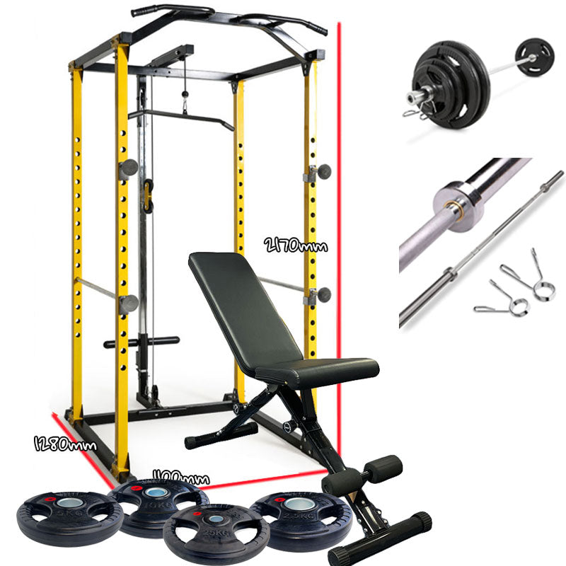 Power Cage with Lat Bar+ Bench+50KG Weights Plates+2.2m Barbell Bar - www.ezyliving.co.nz