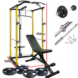 Power Cage with Lat Bar+ Bench+50KG Weights Plates+2.2m Barbell Bar - www.ezyliving.co.nz