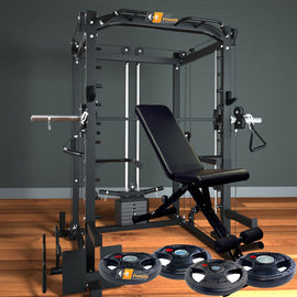 Smith Machine Full Cage + Quick Adjustable Bench + Barbell Plats 80KG - www.ezyliving.co.nz