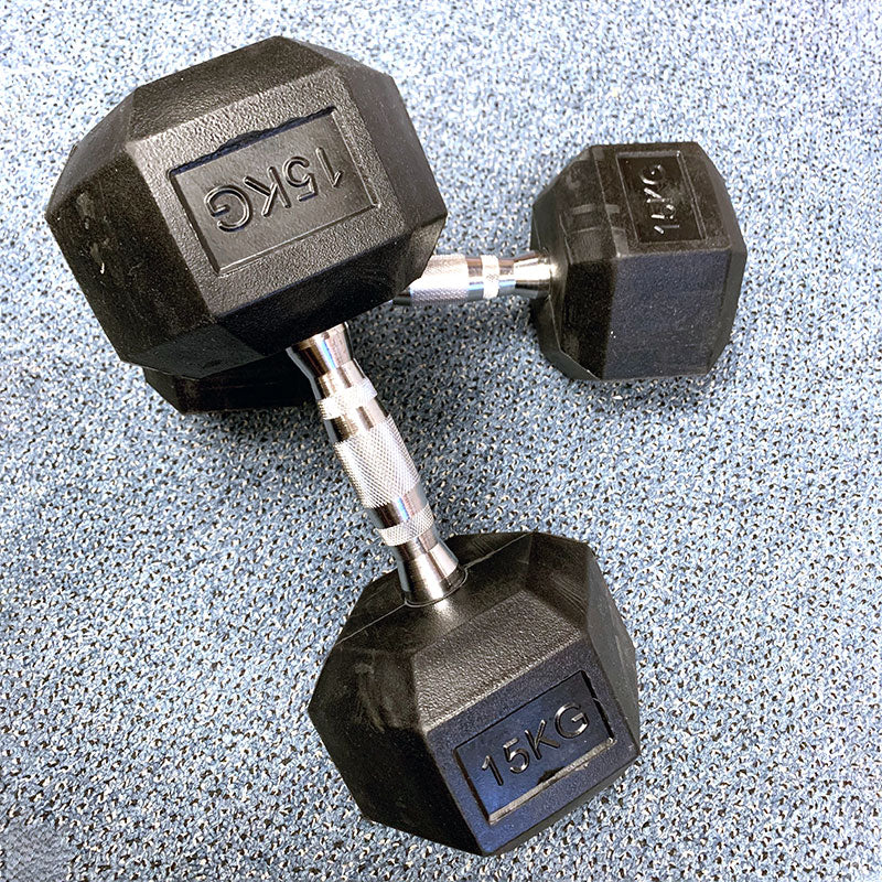 15KGx2 Hex Dumbbells /Black Rubber Dumbbells by EzyFitness (EZ039-6x2) - www.ezyliving.co.nz