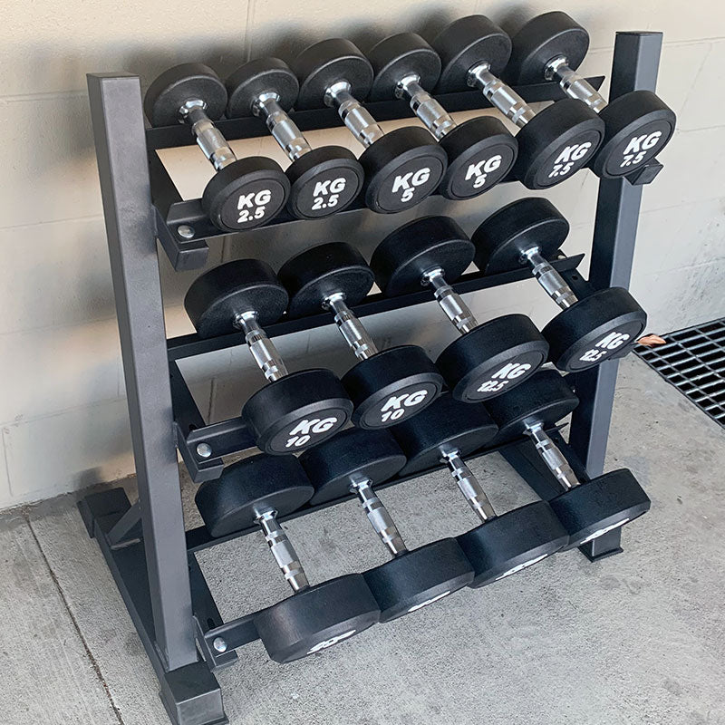 165KG Round Black Rubber Dumbbells+3-Tire Rack (EZ037C165KG-047) (Thick Handle 33mm 6 pairs) - www.ezyliving.co.nz