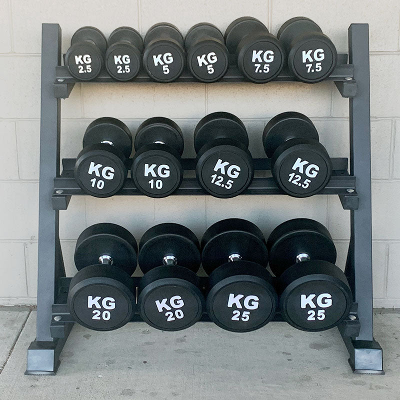 195KG Round Black Rubber Dumbbells+3-Tire Rack (EZ037C195KG-047) Thick Handle 33mm 6 pairs - www.ezyliving.co.nz