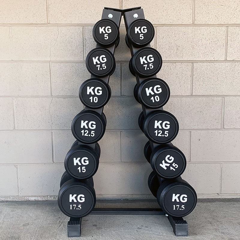 135KG Round Black Rubber Dumbbells+Dumbbell Rack (6 pairs) - www.ezyliving.co.nz