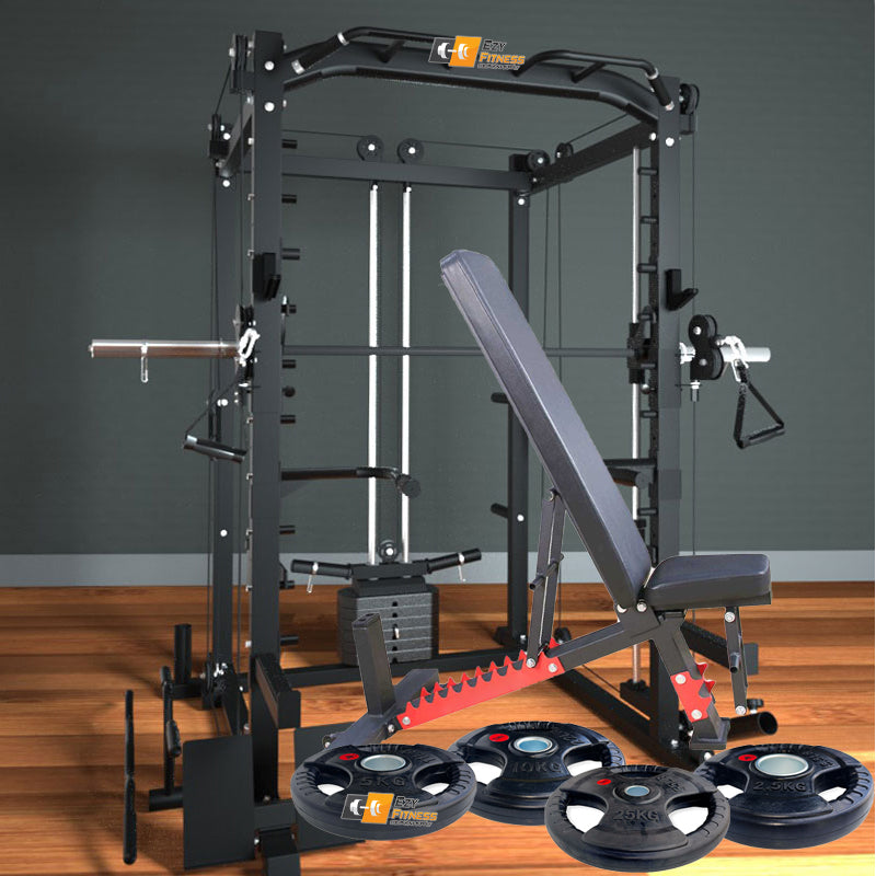 Smith Machine Full Cage + Quick Adjustable Bench + Barbell Plats 80KG - www.ezyliving.co.nz