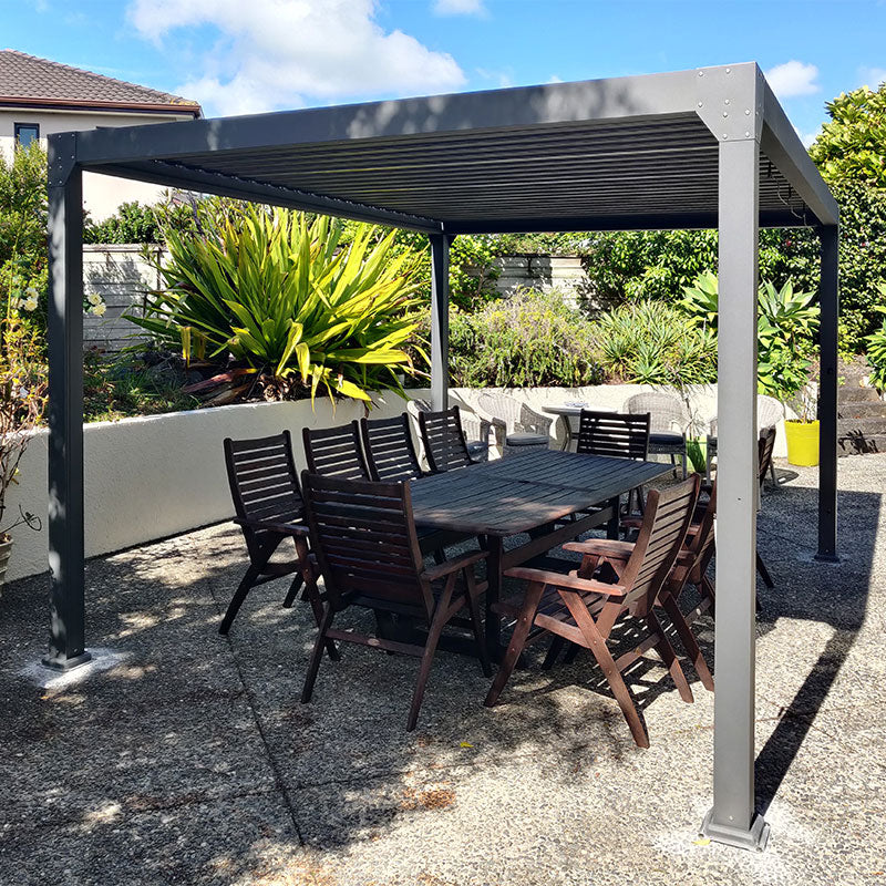 Louvred LED Grey Colour Pergola 3x4m with 3pc Blinds Set - www.ezyliving.co.nz