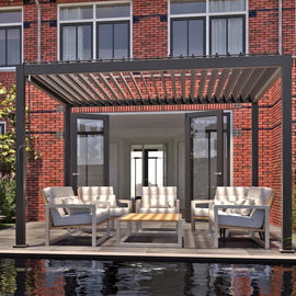 Louvred Charcoal Colour Pergola 3x3m with 3 Blinds Set - www.ezyliving.co.nz