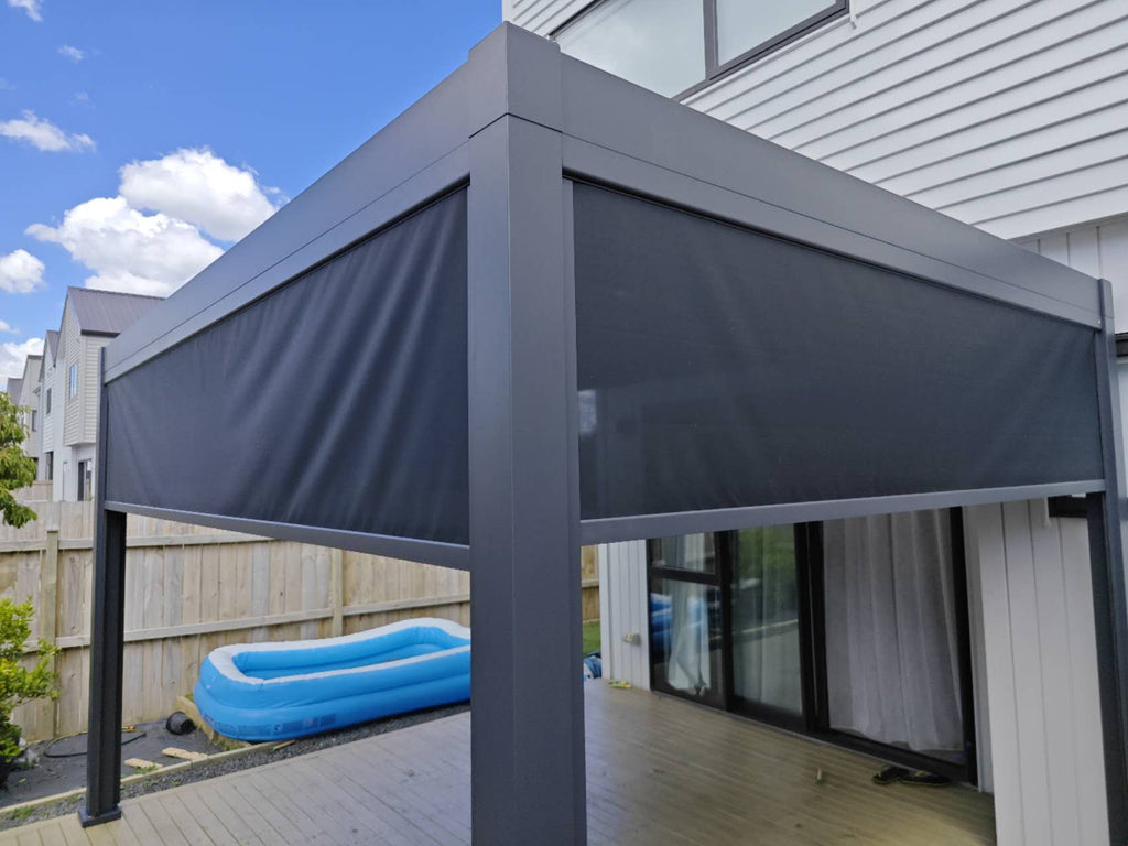 Louvred Charcoal Colour Pergola 3x3m with 3 Blinds Set - www.ezyliving.co.nz